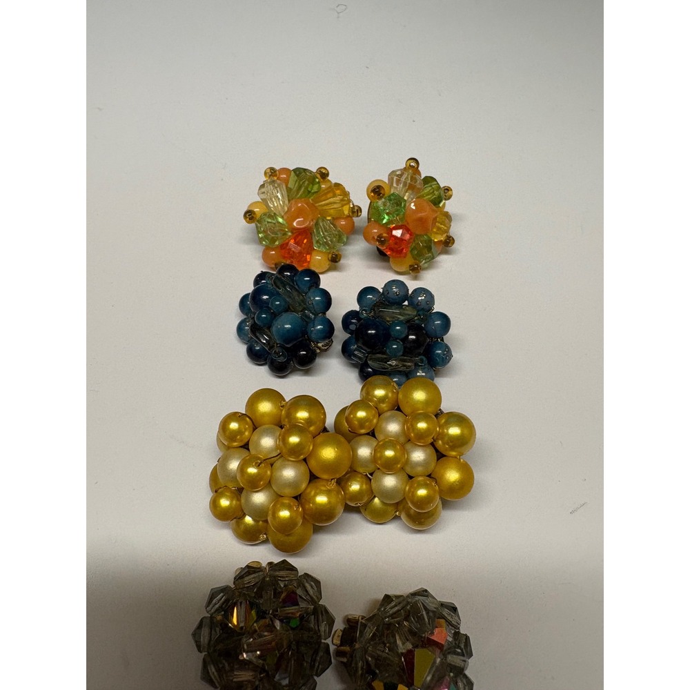 Vintage Clip On Earring Lot 4 Pairs Cluster Beaded Pearl Crystal Mid Century MCM - Picture 2 of 6